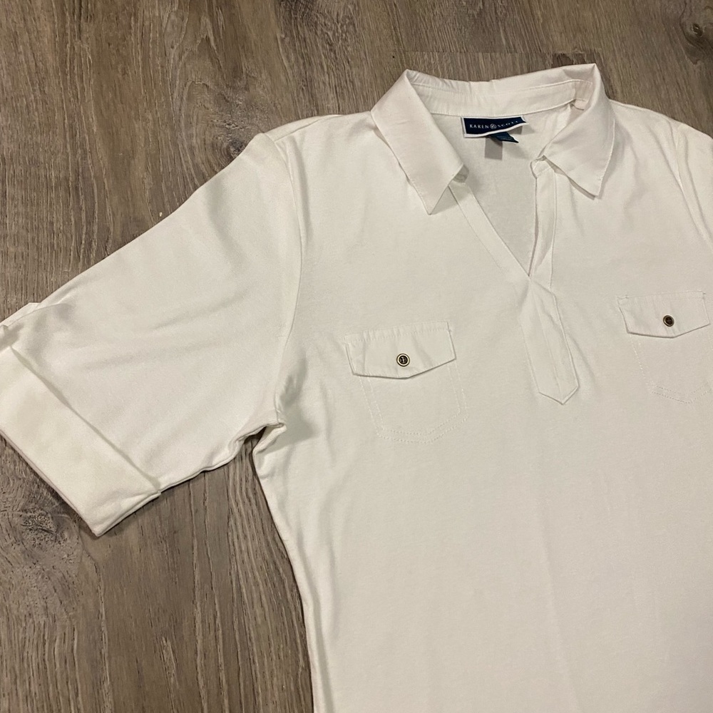 Karen Scott White Cotton Collared Blouse Top XL Office Coastal Chic Classic - Picture 4 of 5
